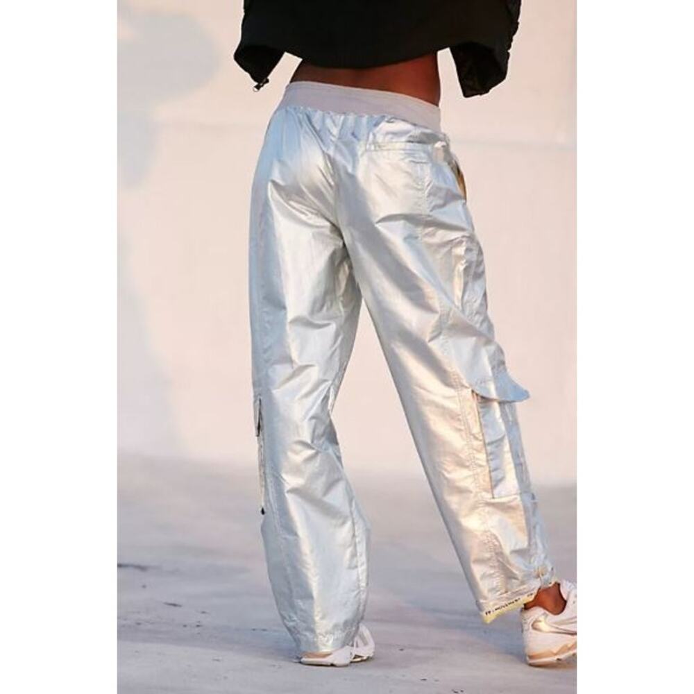 Free People Mesmerize Me Shine Pants Metallic Cargo Low Rise Silver Size Small - Picture 6 of 10